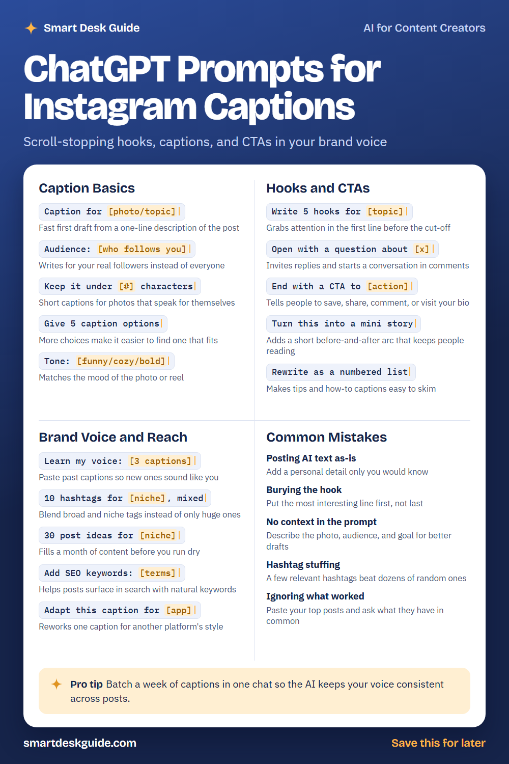 Cheat sheet titled ChatGPT Prompts for Instagram Captions with four sections of prompts: caption basics, hooks and CTAs, brand voice and reach, and common mistakes.