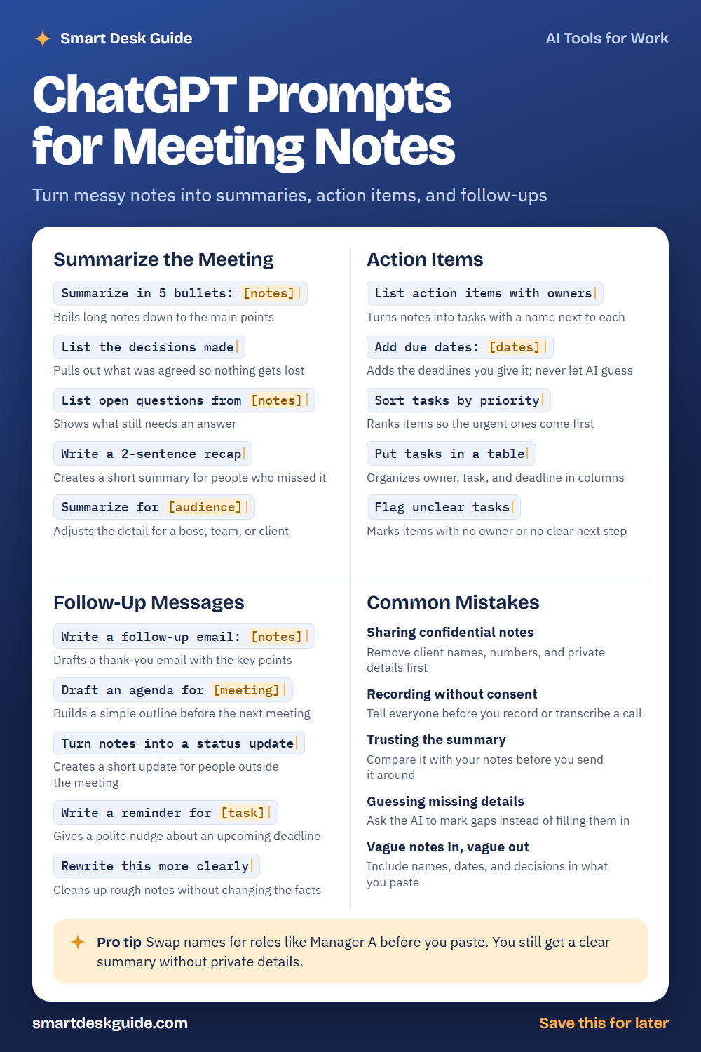 Cheat sheet titled ChatGPT Prompts for Meeting Notes with four sections: summarize the meeting, action items, follow-up messages, and common mistakes, plus a pro tip at the bottom.