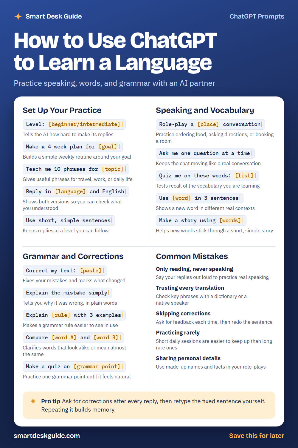 Cheat sheet titled How to Use ChatGPT to Learn a Language with four sections: set up your practice, speaking and vocabulary, grammar and corrections, and common mistakes, plus a pro tip at the bottom.